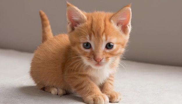 een kitten met blauwe ogen zit op een wit oppervlak