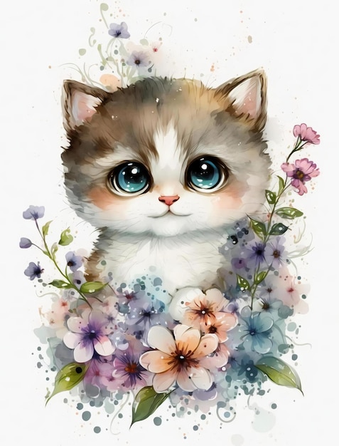 Een kitten met blauwe ogen zit tussen de bloemen