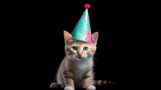 Foto een kitten met een feestmuts zit op een zwarte achtergrond.