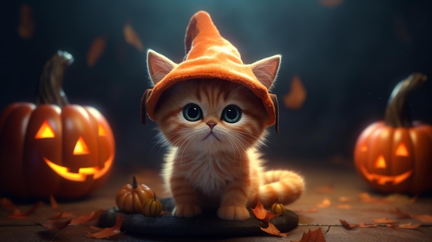 Een kitten met een halloween-pompoenhoed