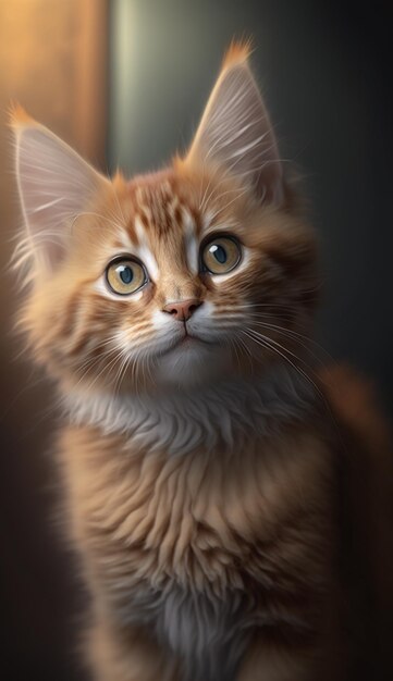 Een kitten met een zwarte achtergrond en gele ogen.