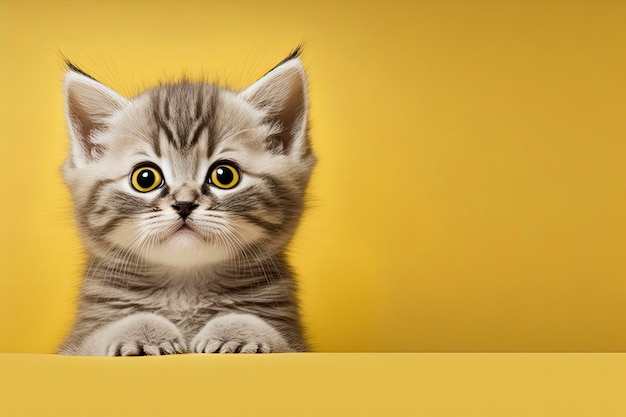 Een kitten met gele ogen kijkt over een gele achtergrond.