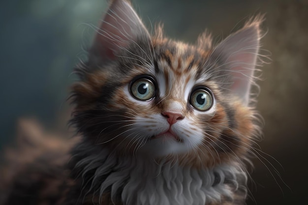 Een kitten met groene ogen kijkt omhoog naar de camera.