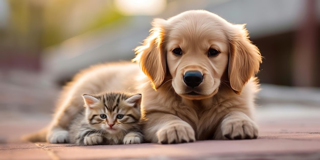 een kitten op een baby golden retriever