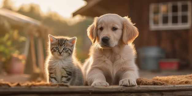 een kitten op een baby golden retriever