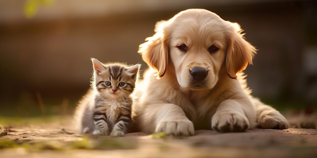 een kitten op een baby golden retriever