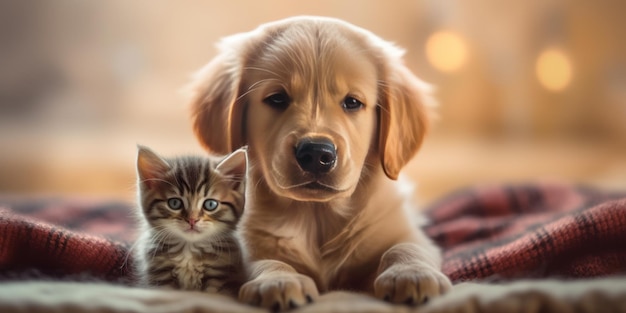 een kitten op een baby golden retriever