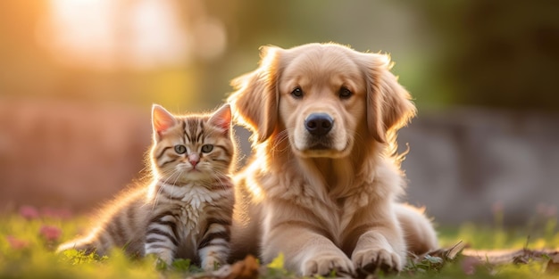 een kitten op een baby golden retriever