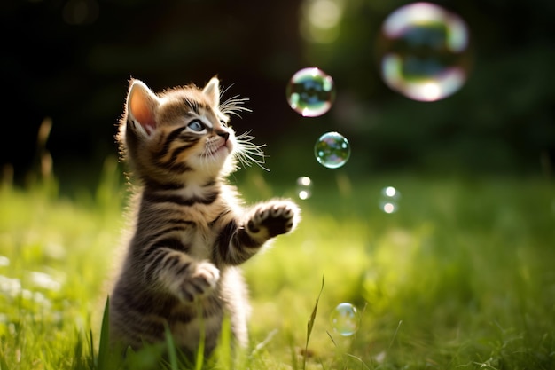 een kitten speelt met bubbels in een veld