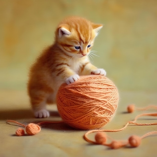 Een kitten speelt met een bol garen.