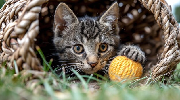 Een kitten speelt met een gele bal in het gras ai