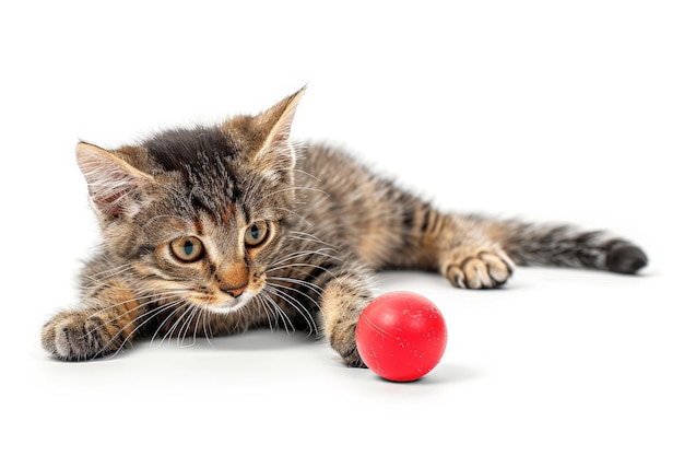 een kitten speelt met een rode bal en een rode bal