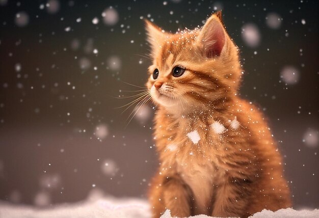 Een kitten zit in de sneeuw bij sneeuwweer AI gegenereerd