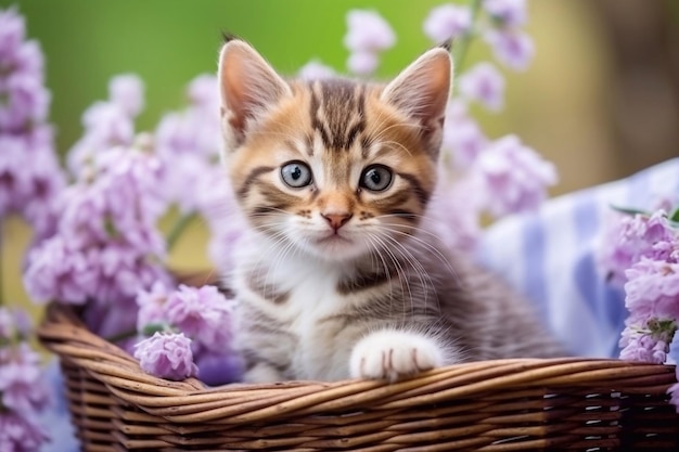 een kitten zit in een mand met paarse bloemen