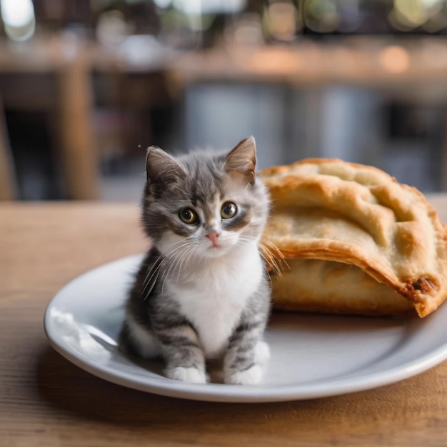 een kitten zit op een bord met brood erop