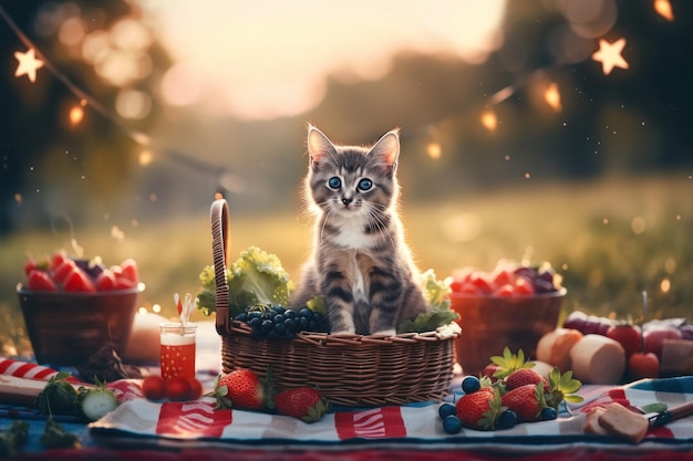 Een kitten zittend in een mand op een picknickkleed Generatief AI-beeld