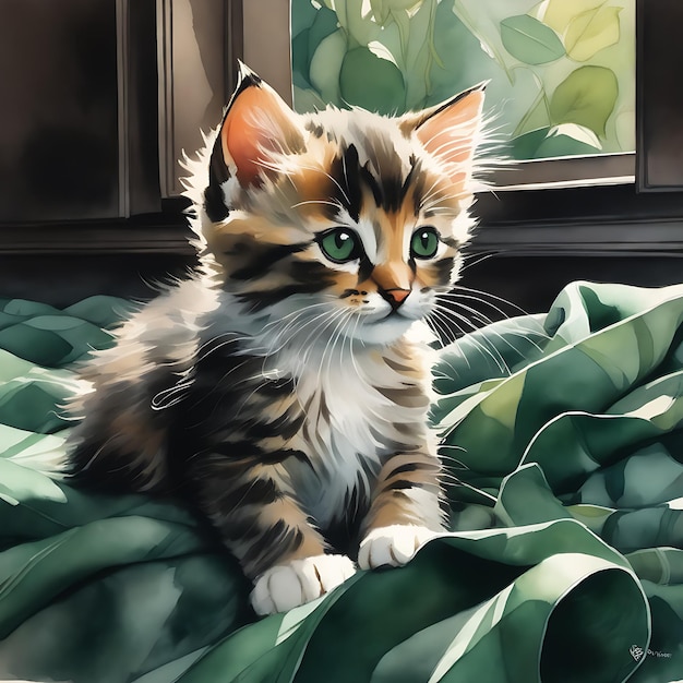 Een kitten zittend op een rommelig donkergroen bed, etherisch, schattig, dikke penseelstreken, zachte pastelkleuren