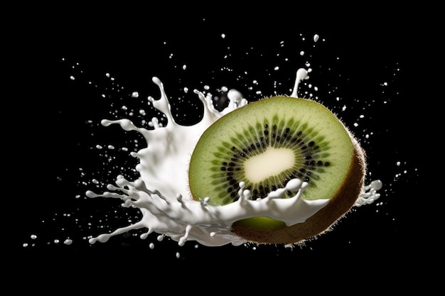 Een kiwi die in een scheutje melk spettert.