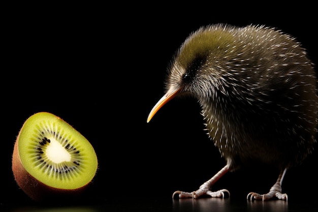 Foto een kiwi vogel kijkt naar een kiwi vrucht de vogel staat op een donkere achtergrond