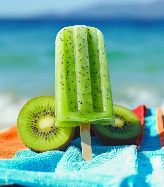 Foto een kiwigreen tropisch popsicle met vruchtzaden