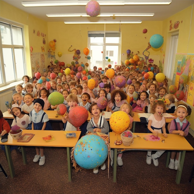 Een klas vol kinderen met een grote kleurrijke wereldbol aan de muur.