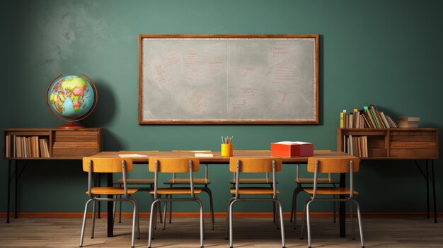 Een klaslokaal met bureaustoelen en een schoolbord