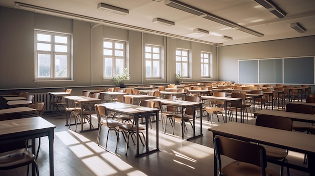 Een klaslokaal met een bureau en stoelen erin