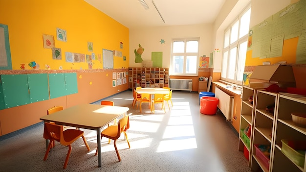 Foto een klaslokaal met een gele muur waar 'school' op staat