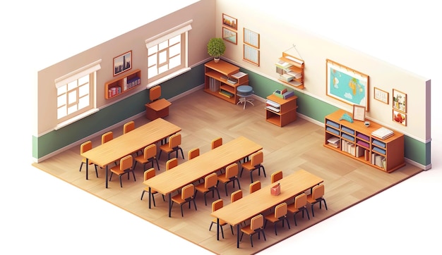 Een klaslokaal met een klaslokaal met tafels en stoelen 3D-gebouw