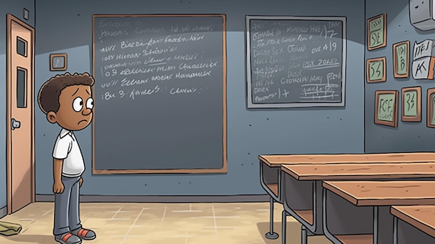 Een klaslokaal met een krijtbord waarop staat 'ik ben geen leraar'