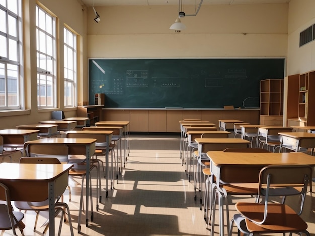 Een klaslokaal met een schoolbord met de tekst klaslokaal aan de muur