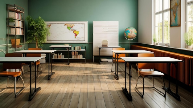 Foto een klaslokaal met een wereldkaart aan de muur