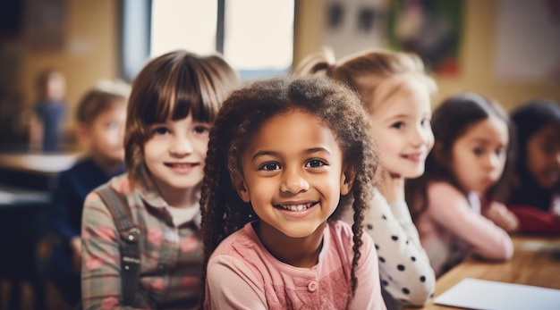 Een klaslokaal met glimlachende kinderen.