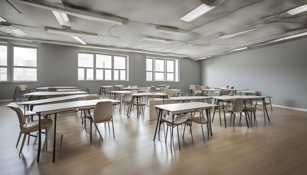 een klaslokaal met tafels en stoelen met een dakraam daarboven