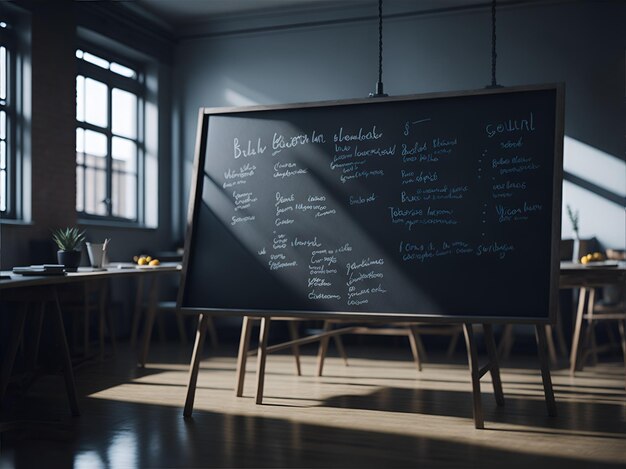 Een klaslokaalscène met een schoon schoolbord