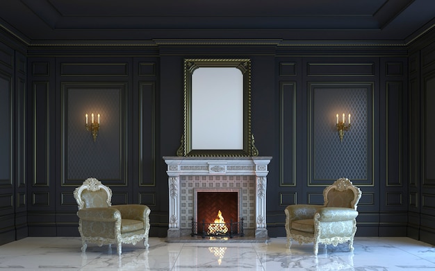 Een klassiek interieur is in donkere tinten met open haard. 3D-rendering.