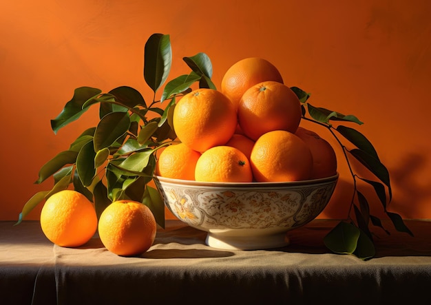 Een klassiek stillevenarrangement met een schaal sinaasappels op een marmeren tafelblad tegen een warme of warme sfeer