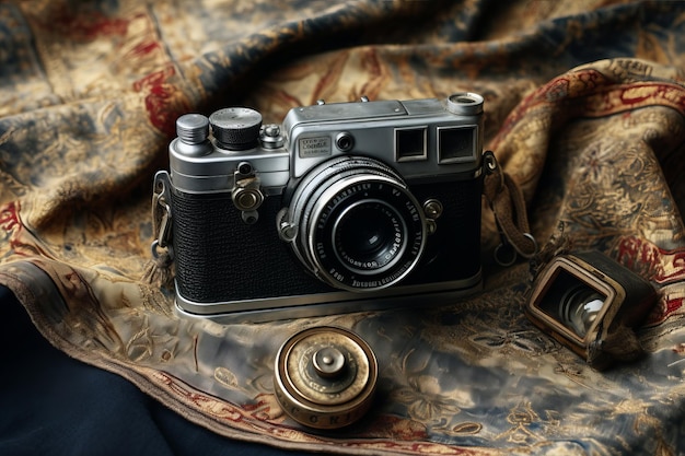 Foto een klassieke 32 antieke camera die op een doek rust