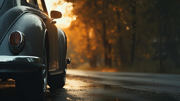 Een klassieke auto is onderweg in de zonsondergang