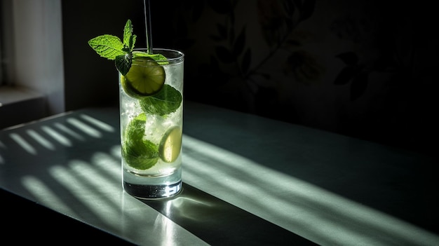 Een klassieke cocktail gemaakt met witte rum, limoensap, verse munt en sodawater Generative AI image