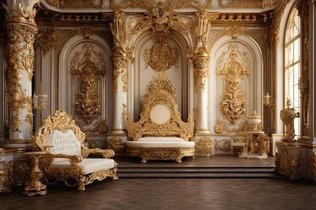 Foto een klassieke extravagante paleiskamer in europese stijl met gouden versieringen.