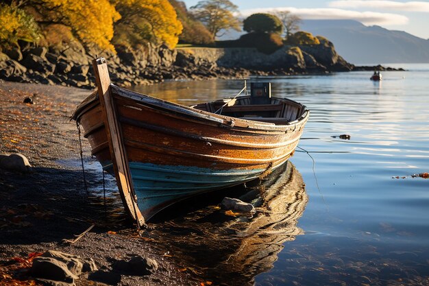 een klassieke houten vissersboot die voor anker ligt in een rustige baai die AI heeft gegenereerd