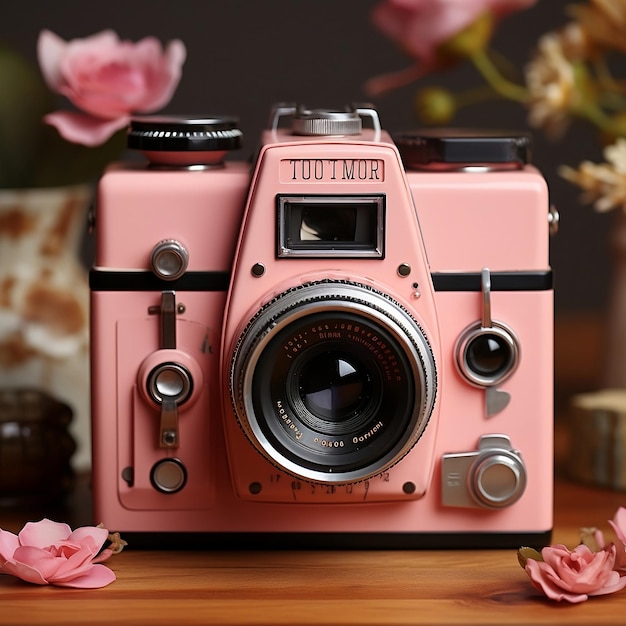 Een klassieke instant camera geplaatst op een houten tafel met een achtergrond van roze