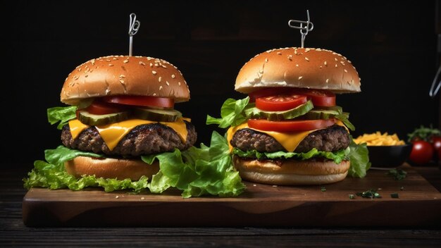 Een klassieke mondwaterende burger op een donkere houten tafel perfect gegrilde patty vers