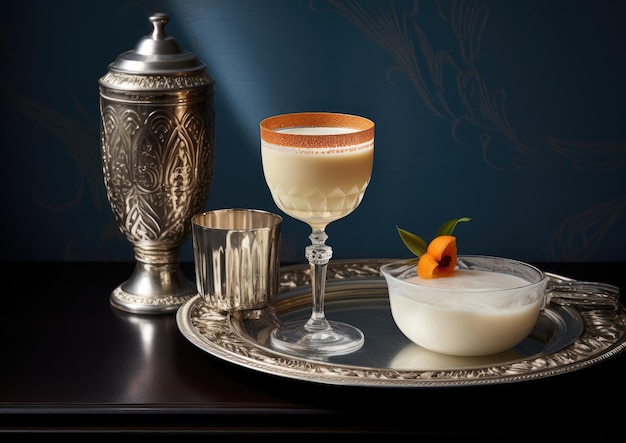 Een klassieke White Lady-cocktail tegen een chique art-decoachtergrond die een gevoel van tijdloze glamour oproept