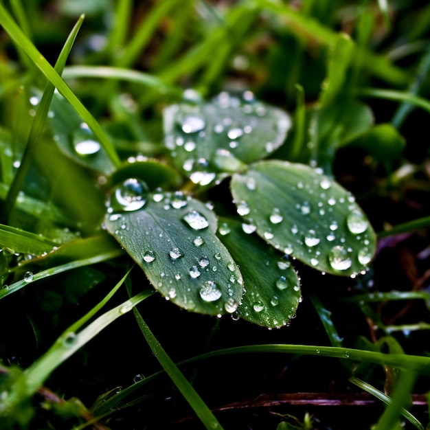 Foto een klaverblad met waterdruppeltjes erop