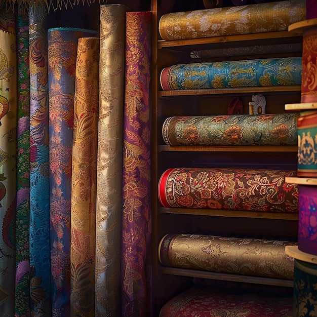 Een kleermakerij met een nette tentoonstelling van kleurrijke stofrollen