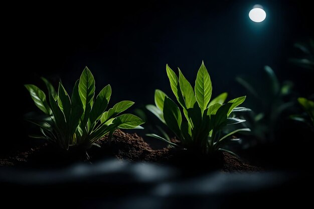 Een klein aantal planten zit in een donkere kamer met een licht op de achtergrond