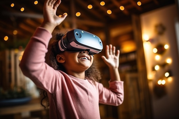 Een klein Afrikaans meisje dat plezier heeft met het thuis gebruiken van een VR-bril om het Homeschooling-concept Ai Generator te leren