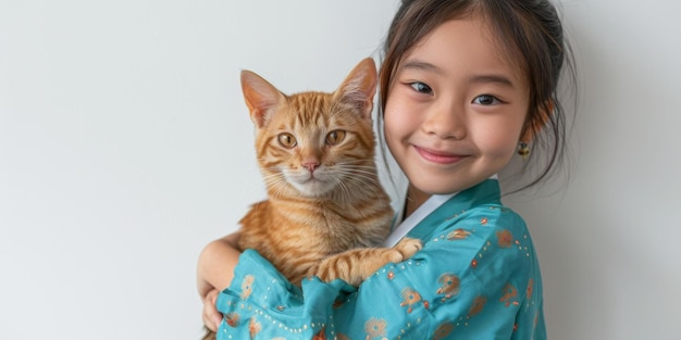 Een klein Aziatisch meisje knuffelt een oranje kat.